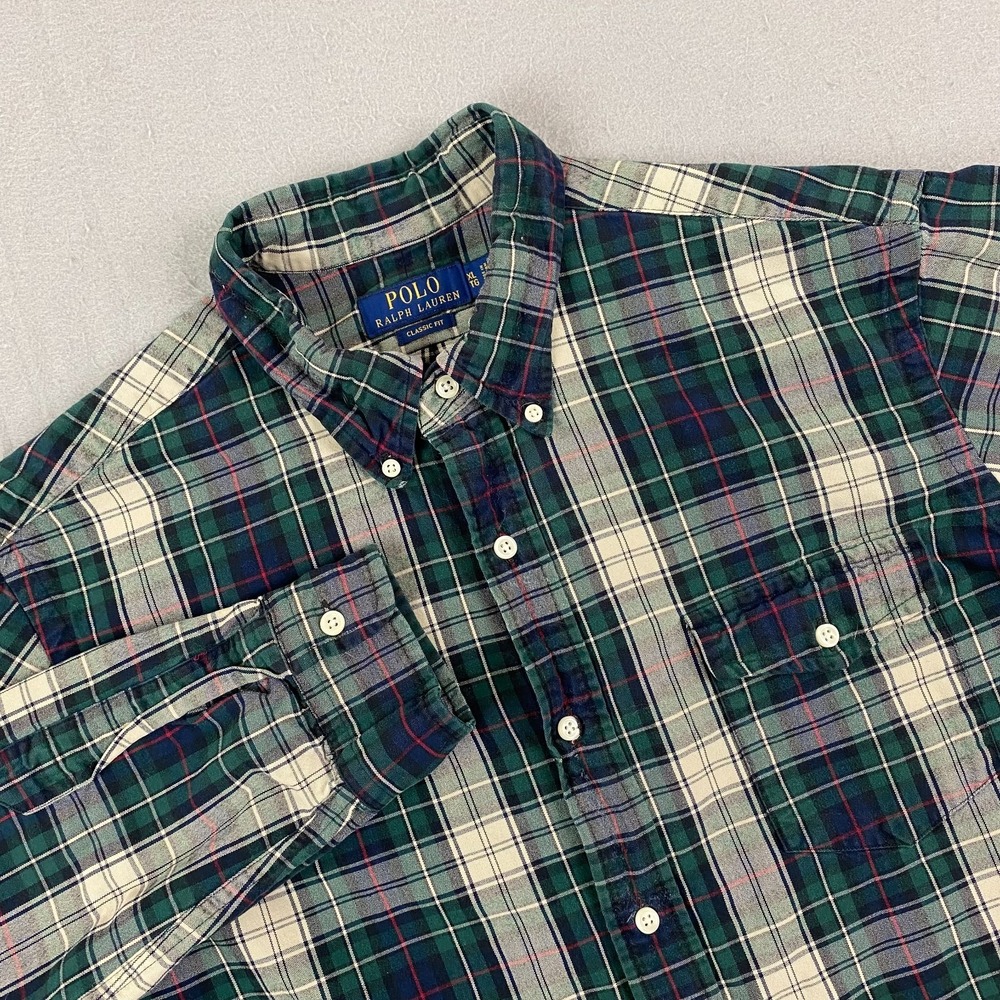 Polo Ralph Lauren Classic Fit Oxford Shirt Mens XL Green Beige Plaid Pocket